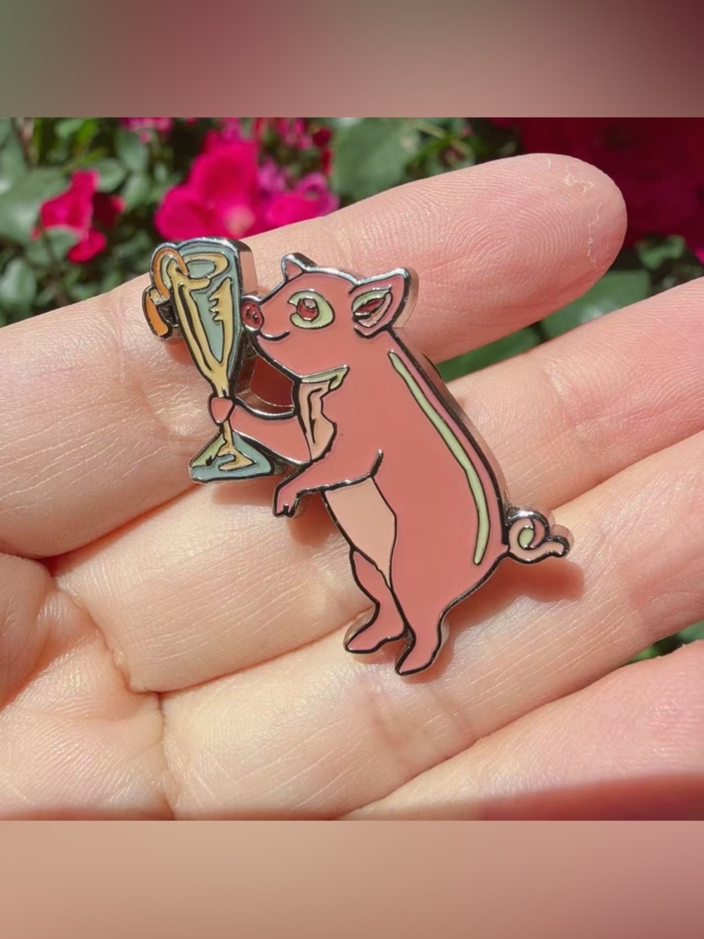 Coach Pig with Champagne Glass Enamel Lapel Pin